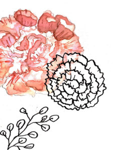 Watercolored Flower and Inked Carnation and Leaves