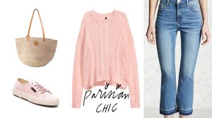 Parisian Chic outfit featuring pink sweater and blue jeans